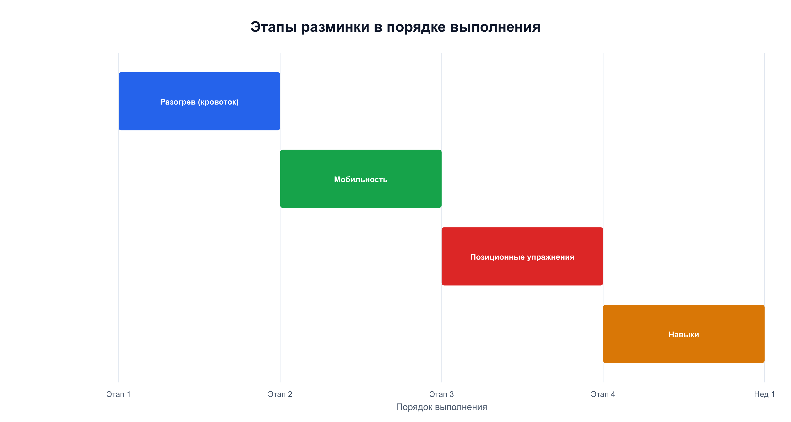 Разминка проходит четыре последовательных этапа: кровоток, мобильность, позиционные упражнения, навыки