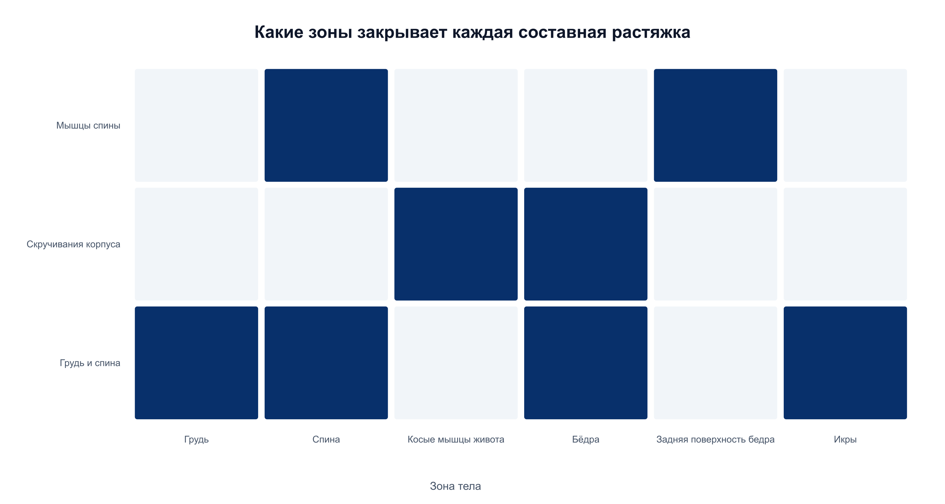 Какие зоны тела закрывает каждая из трёх составных растяжек на TRX: спина, грудь, бёдра, косые мышцы, икры